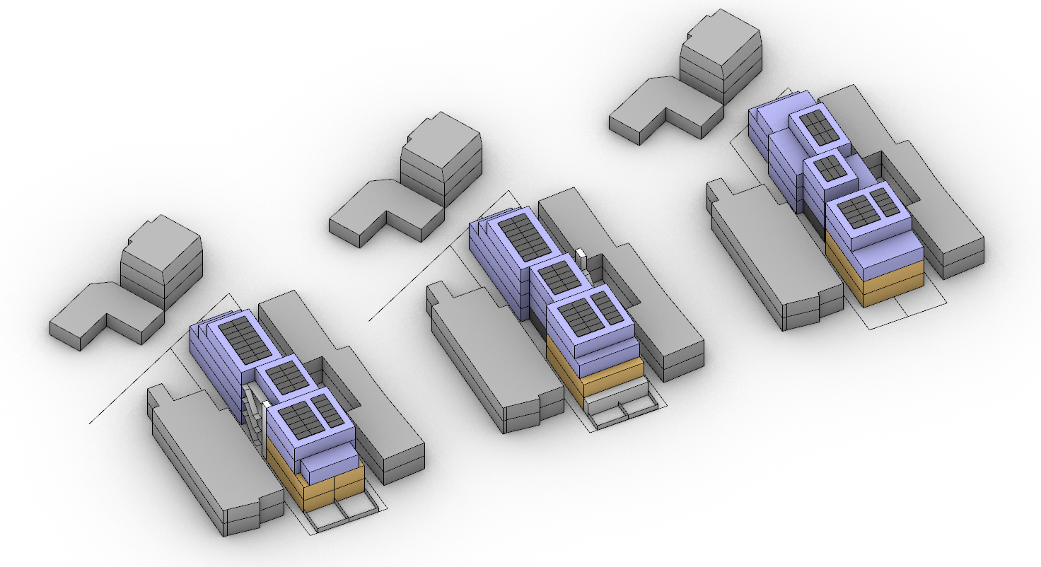 3D volumestudie — drie ontwikkelscenario's met zonnepanelen