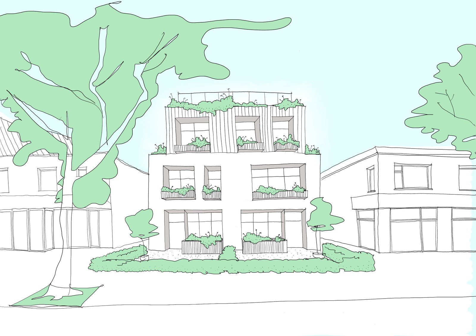 Gevelschets — modern ontwerp met plantenbakken